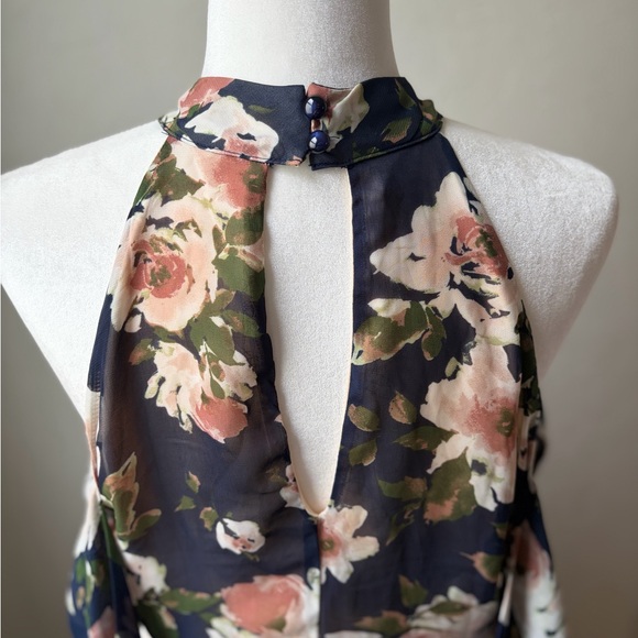 Maurices Floral Cold Shoulder Halter Dress Navy/Pink Tie Sleeve Size M - Picture 11 of 13